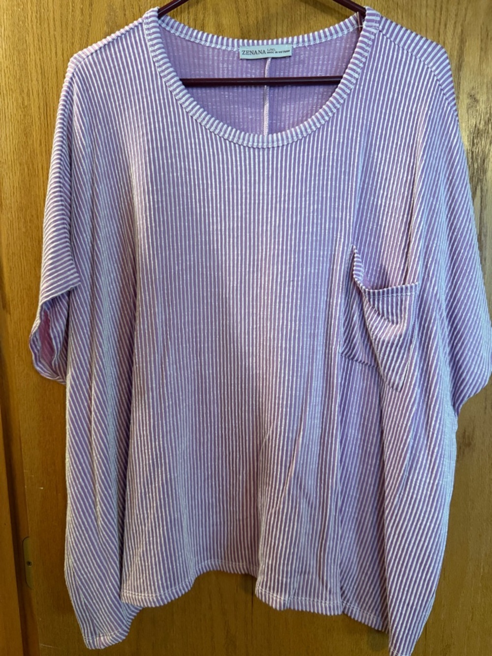 Zenana Outfitters Lavender & White Striped Pocket Long Sleeve Tee